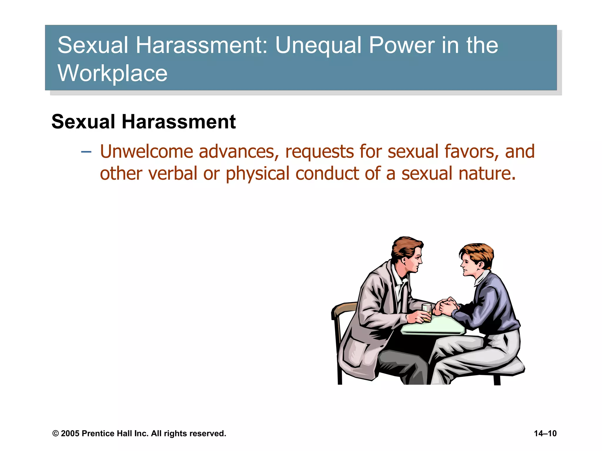 Sexual Harassment: Unequal Power in the Workplace  Sexual Harassment Unwelcome advances, requests for sexual favors, and other verbal or physical conduct of a sexual nature. 