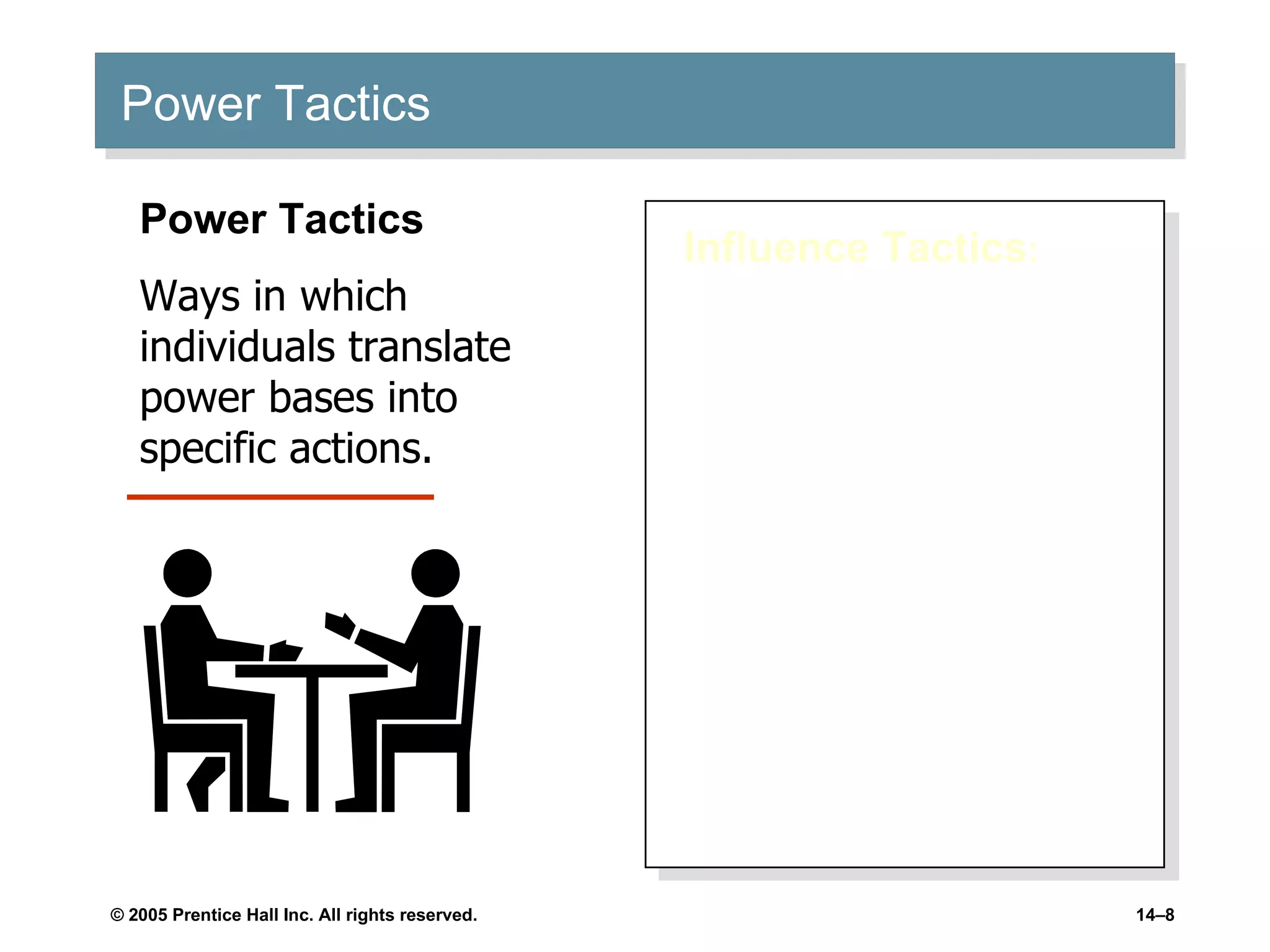 Power Tactics Influence Tactics : Legitimacy Rational persuasion Inspirational appeals Consultation Exchange Personal appeals Ingratiation Pressure Coalitions Power Tactics Ways in which individuals translate power bases into specific actions. 