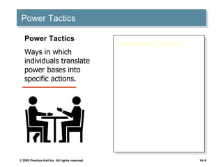 Power Tactics Influence Tactics : Legitimacy Rational persuasion Inspirational appeals Consultation Exchange Personal appeals Ingratiation Pressure Coalitions Power Tactics Ways in which individuals translate power bases into specific actions. 