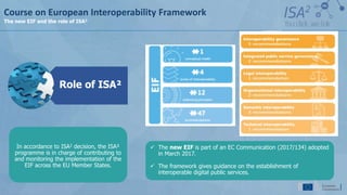 In accordance to ISA2 decision, the ISA²
programme is in charge of contributing to
and monitoring the implementation of the
EIF across the EU Member States.
 The new EIF is part of an EC Communication (2017/134) adopted
in March 2017.
 The framework gives guidance on the establishment of
interoperable digital public services.
Course on European Interoperability Framework
The new EIF and the role of ISA2
Role of ISA²
 