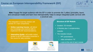 Aim: Engage the target audience with the EIF in order to promote the 3 pillars (principles, layers
and conceptual model) and learn how interoperability helps to design integrated public services with
a practical case.
Structure of EIF Module
 Duration: 50 minutes
 6 Modules plus 2 complementary
modules
 The modules include:
• PPT presentations
• video animations 7-8’
• a quiz at the end of each module
Course on European Interoperability Framework (EIF)
Aim and Structure
The integrated e-Learning solution will
consist of 2 main components:
 Online Learning Course: will deliver
key knowledge and practical skills to
implement the EIF recommendations;
 Interactive Guide: will enable instant
access to all EIF information presented in
the course for daily activities.
 
