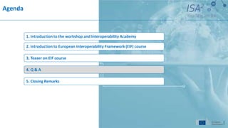 Agenda
3. Teaser on EIF course
5. Closing Remarks
4. Q & A
2. Introduction to European Interoperability Framework (EIF) course
1. Introduction to the workshop and Interoperability Academy
 