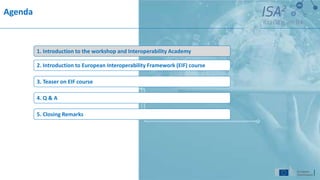 Agenda
3. Teaser on EIF course
5. Closing Remarks
4. Q & A
2. Introduction to European Interoperability Framework (EIF) course
1. Introduction to the workshop and Interoperability Academy
 