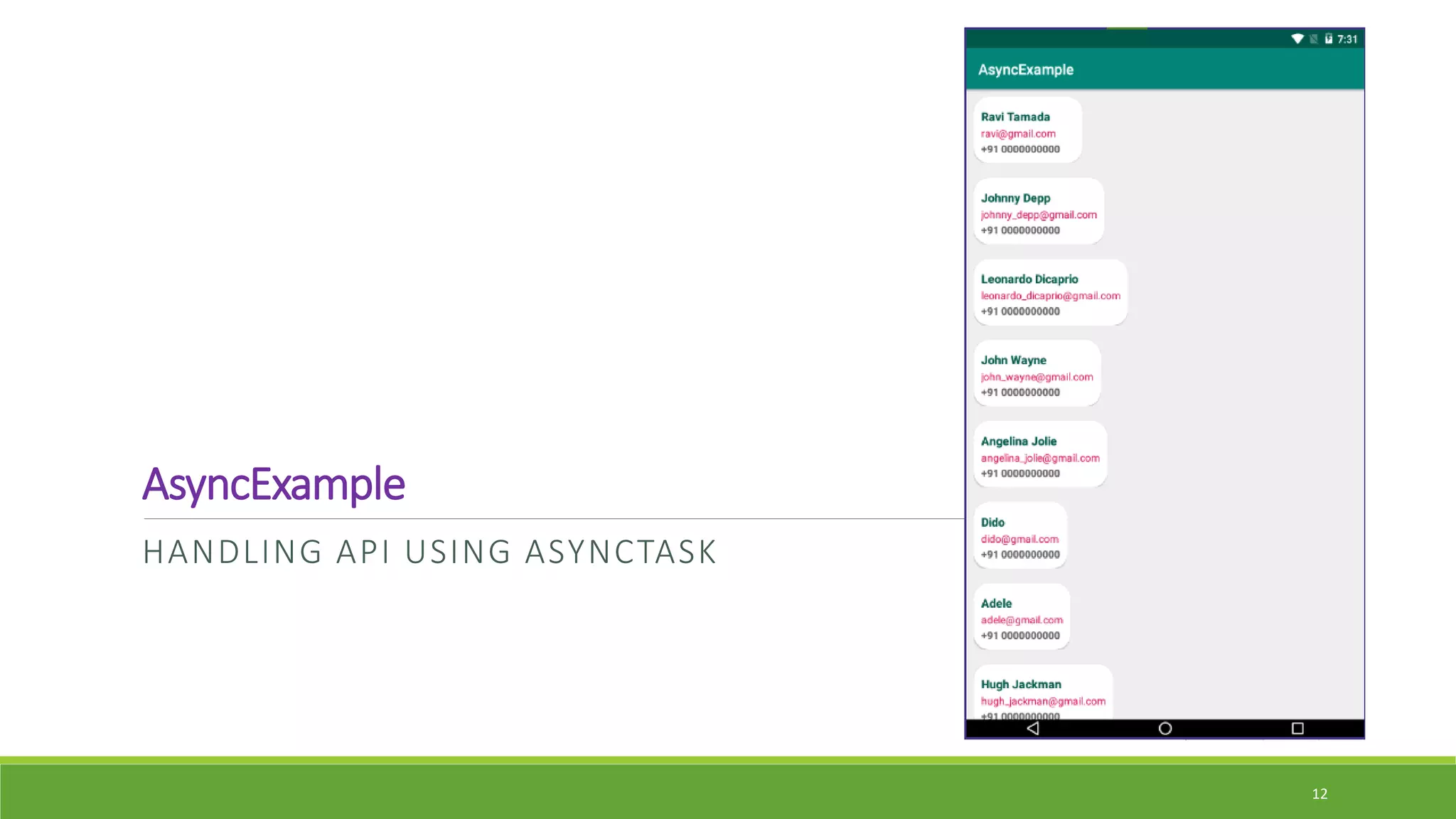 AsyncExample
HANDLING API USING ASYNCTASK
12
 