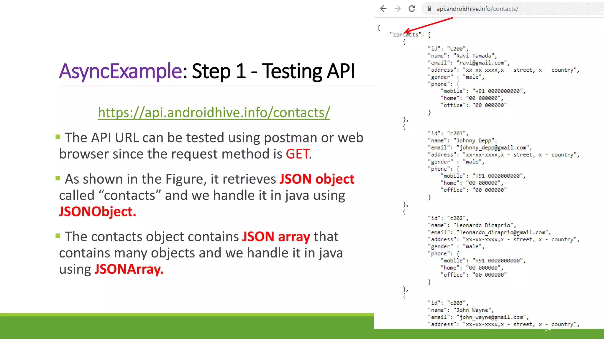 AsyncExample: Step 1 - Testing API
https://api.androidhive.info/contacts/
 The API URL can be tested using postman or web
browser since the request method is GET.
 As shown in the Figure, it retrieves JSON object
called “contacts” and we handle it in java using
JSONObject.
 The contacts object contains JSON array that
contains many objects and we handle it in java
using JSONArray.
14
 