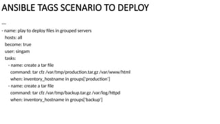 ANSIBLE TAGS SCENARIO TO DEPLOY
---
- name: play to deploy files in grouped servers
hosts: all
become: true
user: singam
tasks:
- name: create a tar file
command: tar cfz /var/tmp/production.tar.gz /var/www/html
when: inventory_hostname in groups['production’]
- name: create a tar file
command: tar cfz /var/tmp/backup.tar.gz /var/log/httpd
when: inventory_hostname in groups['backup']
 