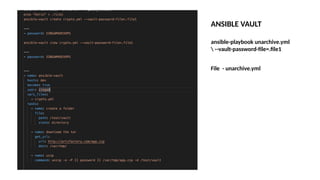 ansible-playbook unarchive.yml
 --vault-password-file=.file1
File - unarchive.yml
ANSIBLE VAULT
 
