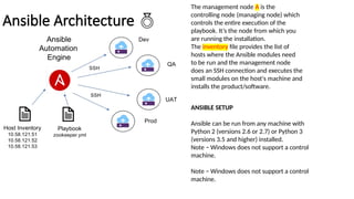 Ansible Architecture 
The management node A is the
controlling node (managing node) which
controls the entire execution of the
playbook. It’s the node from which you
are running the installation.
The inventory file provides the list of
hosts where the Ansible modules need
to be run and the management node
does an SSH connection and executes the
small modules on the host's machine and
installs the product/software.
ANSIBLE SETUP
Ansible can be run from any machine with
Python 2 (versions 2.6 or 2.7) or Python 3
(versions 3.5 and higher) installed.
Note − Windows does not support a control
machine.
Note − Windows does not support a control
machine.
 