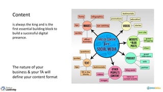 Content
is always the king and is the
first essential building block to
build a successful digital
presence.
The nature of your
business & your TA will
define your content format
 