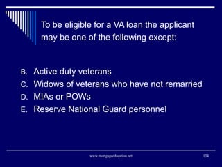 To be eligible for a VA loan the applicant may be one of the following except:   <ul><li>Active duty veterans </li></ul><u...