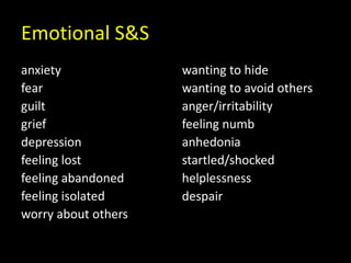 Emotional S&S
anxiety
fear
guilt
grief
depression
feeling lost
feeling abandoned
feeling isolated
worry about others
wanting to hide
wanting to avoid others
anger/irritability
feeling numb
anhedonia
startled/shocked
helplessness
despair
 