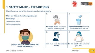 MODULE 4 18
2.
4.
1.
3.
UNIT 4.1: COVID-19 SAFETY
1. SAFETY MASKS - PRECAUTIONS
Re-usable masks should be
washed after every use
ALWAYS WEAR A MASK BEFORE YOU
LEAVE YOUR HOUSE
Disposable masks should be
thrown away after one use
Given here are some tips to use a safety mask properly:
There are 2 types of masks depending on
their usage:
 Re-Usable Masks
 Disposable Masks
Do not touch outer surface of
your mask
Mask must cover the nose and
mouth
 