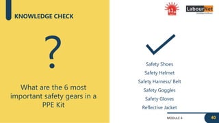 MODULE 4 40
KNOWLEDGE CHECK
What are the 6 most
important safety gears in a
PPE Kit
? Safety Shoes
Safety Helmet
Safety Harness/ Belt
Safety Goggles
Safety Gloves
Reflective Jacket
 