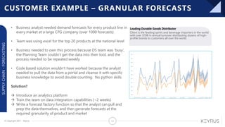 © Copyright 2021 – Keyrus 15
Leading Durable Goods Distributor
SUPPLY
CHAIN
-
FORECASTING
Client is the leading spirits and beverage importers in the world
with over $19B in annual turnover distributing dozens of high-
profile brands to customers all over the world.
CUSTOMER EXAMPLE – GRANULAR FORECASTS
• Business analyst needed demand forecasts for every product line in
every market at a large CPG company (over 1000 forecasts)
• Team was using excel for the top 20 products at the national level
• Business needed to own this process because DS team was ‘busy’,
the Planning Team couldn’t get the data into their tool, and the
process needed to be repeated weekly
• Code based solution wouldn’t have worked because the analyst
needed to pull the data from a portal and cleanse it with specific
business knowledge to avoid double counting. No python skills
Solution?
→ Introduce an analytics platform
→ Train the team on data integration capabilities (~2 weeks)
→ Write a forecast factory function so that the analyst can pull and
prep the data themselves, and then generate forecasts at the
required granularity of product and market
 