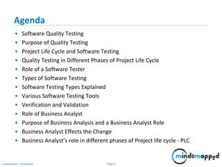 Page 2Classification: Restricted
Agenda
• Software Quality Testing
• Purpose of Quality Testing
• Project Life Cycle and Software Testing
• Quality Testing in Different Phases of Project Life Cycle
• Role of a Software Tester
• Types of Software Testing
• Software Testing Types Explained
• Various Software Testing Tools
• Verification and Validation
• Role of Business Analyst
• Purpose of Business Analysis and a Business Analyst Role
• Business Analyst Effects the Change
• Business Analyst’s role in different phases of Project life cycle - PLC
 