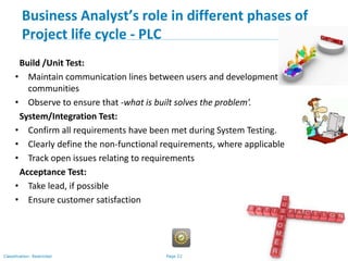 Page 22Classification: Restricted
Build /Unit Test:
• Maintain communication lines between users and development
communities
• Observe to ensure that -what is built solves the problem’.
System/Integration Test:
• Confirm all requirements have been met during System Testing.
• Clearly define the non-functional requirements, where applicable
• Track open issues relating to requirements
Acceptance Test:
• Take lead, if possible
• Ensure customer satisfaction
Business Analyst’s role in different phases of
Project life cycle - PLC
 