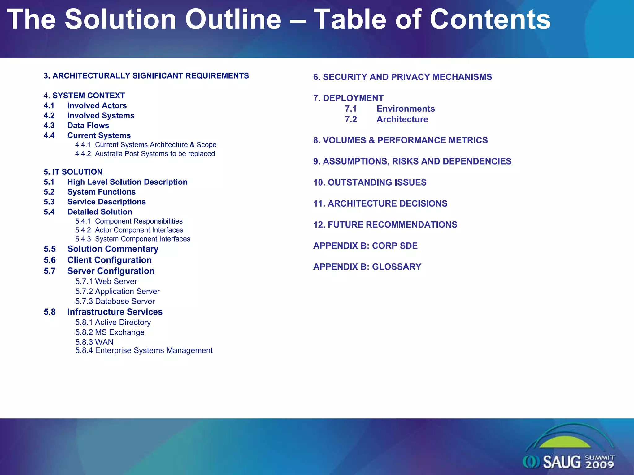The Solution Outline – Table of Contents 3. ARCHITECTURALLY SIGNIFICANT REQUIREMENTS 4.  SYSTEM CONTEXT 4.1 Involved Actors 4.2 Involved Systems 4.3 Data Flows 4.4 Current Systems 4.4.1 Current Systems Architecture & Scope 4.4.2 Australia Post Systems to be replaced 5. IT SOLUTION 5.1 High Level Solution Description 5.2 System Functions 5.3 Service Descriptions 5.4 Detailed Solution 5.4.1 Component Responsibilities 5.4.2 Actor Component Interfaces 5.4.3 System Component Interfaces 5.5 Solution Commentary 5.6 Client Configuration 5.7 Server Configuration 5.7.1 Web Server 5.7.2 Application Server 5.7.3 Database Server 5.8 Infrastructure Services 5.8.1 Active Directory 5.8.2 MS Exchange 5.8.3 WAN 5.8.4 Enterprise Systems Management 6. SECURITY AND PRIVACY MECHANISMS 7. DEPLOYMENT 7.1 Environments 7.2 Architecture 8. VOLUMES & PERFORMANCE METRICS 9. ASSUMPTIONS, RISKS AND DEPENDENCIES 10. OUTSTANDING ISSUES 11. ARCHITECTURE DECISIONS 12. FUTURE RECOMMENDATIONS APPENDIX B: CORP SDE APPENDIX B: GLOSSARY 