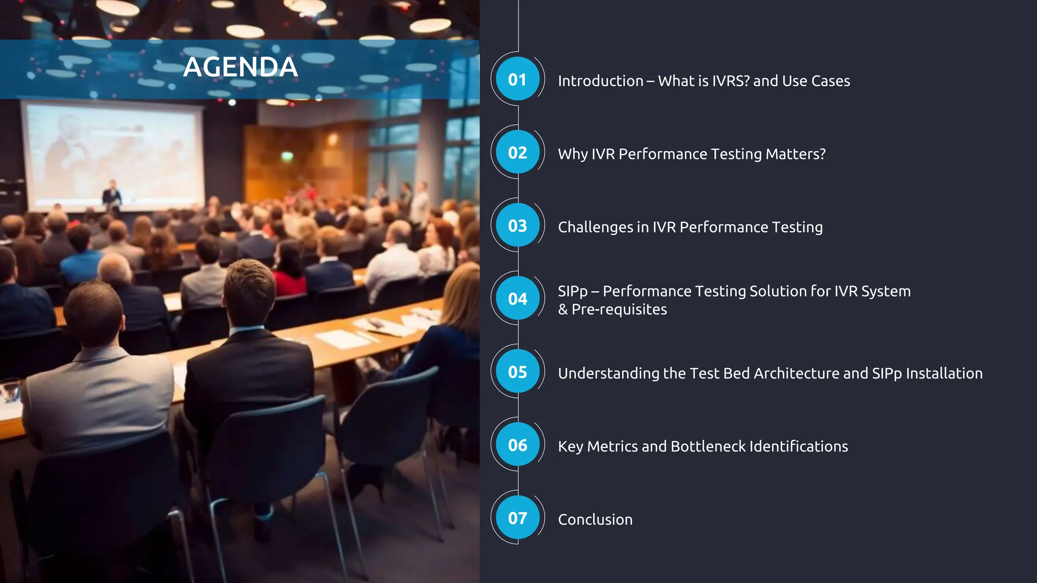 AGENDA
07 Conclusion
06 Key Metrics and Bottleneck Identifications
05 Understanding the Test Bed Architecture and SIPp Installation
04 SIPp – Performance Testing Solution for IVR System
& Pre-requisites
03 Challenges in IVR Performance Testing
02 Why IVR Performance Testing Matters?
01 Introduction – What is IVRS? and Use Cases
 