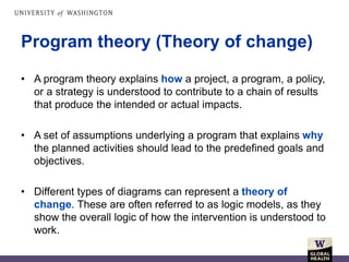 Program theory (Theory of change)
• A program theory explains how a project, a program, a policy,
or a strategy is understood to contribute to a chain of results
that produce the intended or actual impacts.
• A set of assumptions underlying a program that explains why
the planned activities should lead to the predefined goals and
objectives.
• Different types of diagrams can represent a theory of
change. These are often referred to as logic models, as they
show the overall logic of how the intervention is understood to
work.
 