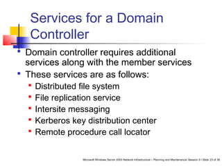 Microsoft Windows Server 2003 Network Infrastructure – Planning and Maintenance/ Session 9 / Slide 23 of 38
Services for a Domain
Controller
 Domain controller requires additional
services along with the member services
 These services are as follows:
 Distributed file system
 File replication service
 Intersite messaging
 Kerberos key distribution center
 Remote procedure call locator
 