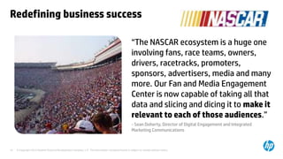 © Copyright 2013 Hewlett-Packard Development Company, L.P. The information contained herein is subject to change without notice.
47
Redefining business success
“The NASCAR ecosystem is a huge one
involving fans, race teams, owners,
drivers, racetracks, promoters,
sponsors, advertisers, media and many
more. Our Fan and Media Engagement
Center is now capable of taking all that
data and slicing and dicing it to make it
relevant to each of those audiences.”
- Sean Doherty, Director of Digital Engagement and Integrated
Marketing Communications
 
