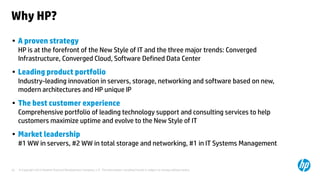 © Copyright 2013 Hewlett-Packard Development Company, L.P. The information contained herein is subject to change without notice.
55
Why HP?
• A proven strategy
HP is at the forefront of the New Style of IT and the three major trends: Converged
Infrastructure, Converged Cloud, Software Defined Data Center
• Leading product portfolio
Industry-leading innovation in servers, storage, networking and software based on new,
modern architectures and HP unique IP
• The best customer experience
Comprehensive portfolio of leading technology support and consulting services to help
customers maximize uptime and evolve to the New Style of IT
• Market leadership
#1 WW in servers, #2 WW in total storage and networking, #1 in IT Systems Management
 