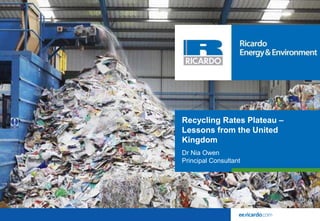 Recycling Rates Plateau –
Lessons from the United
Kingdom
Dr Nia Owen
Principal Consultant
 