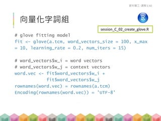 # glove fitting model
fit <- glove(a.tcm, word_vectors_size = 100, x_max
= 10, learning_rate = 0.2, num_iters = 15)
# word_vectors$w_i = word vectors
# word_vectors$w_j = context vectors
word.vec <- fit$word_vectors$w_i +
fit$word_vectors$w_j
rownames(word.vec) = rownames(a.tcm)
Encoding(rownames(word.vec)) = 'UTF-8'
向量化字詞組
資料礦工- 講解 C-02
session_C_02_create_glove.R
119
 