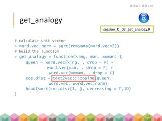 # calculate unit vector
> word.vec.norm = sqrt(rowSums(word.vec^2))
# build the function
> get_analogy = function(king, man, woman) {
queen = word.vec[king, , drop = F] –
word.vec[man, , drop = F] +
word.vec[woman, , drop = F]
cos.dist = text2vec:::cosine(queen,
word.vec, word.vec.norm)
head(sort(cos.dist[1, ], decreasing = T,10)
}
get_analogy
資料礦工- 練習 C-03
session_C_03_get_analogy.R
124
 