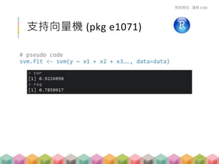 支持向量機 (pkg e1071)
# pseudo code
svm.fit <- svm(y ~ x1 + x2 + x3……, data=data)
預測模型 - 講解 D-03
171
 