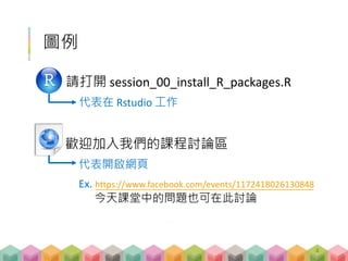 圖例
請打開 session_00_install_R_packages.R
代表在 Rstudio 工作
歡迎加入我們的課程討論區
代表開啟網頁
Ex. https://www.facebook.com/events/1172418026130848
今天課堂中的問題也可在此討論
4
 