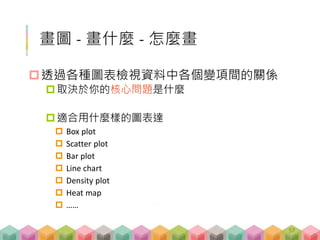畫圖 - 畫什麼 - 怎麼畫
透過各種圖表檢視資料中各個變項間的關係
取決於你的核心問題是什麼
適合用什麼樣的圖表達
 Box plot
 Scatter plot
 Bar plot
 Line chart
 Density plot
 Heat map
 ……
57
 