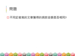 問題
不同記者寫的文章獲得的捐款金額是否相同?
65
 
