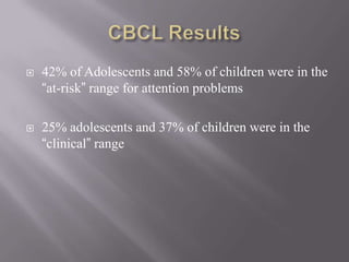 CBCL Results42% of Adolescents and 58% of children were in the “at-risk” range for attention problems25% adolescents and 37% of children were in the “clinical” range