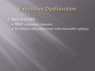Executive DysfunctionSlick et al 2006BRIEF as primary measure80 children and adolescents with intractable epilepsy