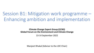 Session B1: Mitigation work programme –
Enhancing ambition and implementation
Climate Change Expert Group (CCXG)
Global Forum on the Environment and Climate Change
13-14 September 2022
Manjeet Dhakal (Advisor to the LDC Chair)
 
