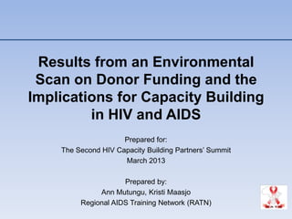 Results from an Environmental
 Scan on Donor Funding and the
Implications for Capacity Building
         in HIV and AIDS
                     Prepared for:
    The Second HIV Capacity Building Partners’ Summit
                     March 2013

                     Prepared by:
              Ann Mutungu, Kristi Maasjo
         Regional AIDS Training Network (RATN)
 