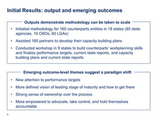 Initial Results: output and emerging outcomes

           Outputs demonstrate methodology can be taken to scale
    • Initiated methodology for 160 counterparts entities in 18 states (85 state
      agencies, 15 CBOs, 60 LGAs)
    • Assisted 160 partners to develop their capacity building plans
    • Conducted workshop in 9 states to build counterparts’ workplanning skills
      and finalize performance targets, current state reports, and capacity
      building plans and current state reports


           Emerging outcome-level themes suggest a paradigm shift
    • New attention to performance targets
    • More defined vision of leading stage of maturity and how to get there
    • Strong sense of ownership over the process
    • More empowered to advocate, take control, and hold themselves
      accountable
5
 