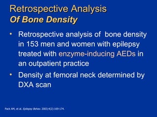 Retrospective Analysis  Of Bone Density Retrospective analysis of  bone density in 153 men and women with epilepsy treated with  enzyme-inducing AEDs  in an outpatient practice Density at femoral neck determined by DXA scan Pack AM, et al.  Epilepsy Behav . 2003;4(2):169-174. 