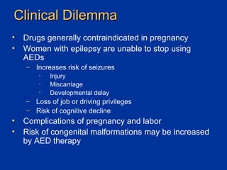 Clinical Dilemma Drugs generally contraindicated in pregnancy Women with epilepsy are unable to stop using AEDs Increases risk of seizures Injury Miscarriage Developmental delay Loss of job or driving privileges Risk of cognitive decline Complications of pregnancy and labor Risk of congenital malformations may be increased by AED therapy 