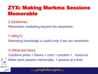 www.josephdeungria.com
Z (Outcome):
Remember marketing beyond the classroom
Y (Why?):
Marketing knowledge is useful only i...