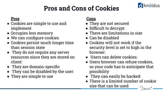 Pros and Cons of Cookies
Pros
● Cookies are simple to use and
implement
● Occupies less memory
● We can conﬁgure cookies
● Cookies persist much longer time
than session state
● They do not require any server
resources since they are stored on
client:
● They are domain-speciﬁc
● They can be disabled by the user:
● They are simple to use
Cons
● They are not secured
● Difﬁcult to decrypt:
● There are limitations in size
● Can be disabled
● Cookies will not work if the
security level is set to high in the
browser:
● Users can delete cookies:
● Users browser can refuse cookies,
so your code has to anticipate that
possibility
● They can easily be hacked:
● There is a limited number of cookie
size that can be used
 