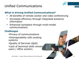 Unified Communications

What is driving Unified Communications?
  All benefits of remote worker and video conferencing
  Increased efficiency through integrated presence
   information
  Enhanced workplace through multi-modal
   communications
Challenges
   Privacy of communications
   Interoperability with existing
   systems
   Quality of Services (QoS)
   Lack of technical skills remote
   users / office workers


      Acme Packet | Session Delivery Networks for the Enterprise   13
 