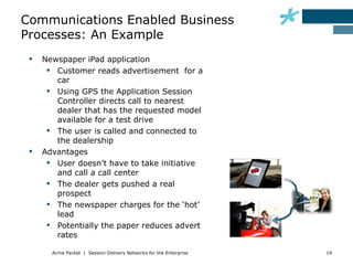 Communications Enabled Business
Processes: An Example
    Newspaper iPad application
       Customer reads advertisement for a
        car
       Using GPS the Application Session
        Controller directs call to nearest
        dealer that has the requested model
        available for a test drive
       The user is called and connected to
        the dealership
    Advantages
       User doesn’t have to take initiative
        and call a call center
       The dealer gets pushed a real
        prospect
       The newspaper charges for the ‘hot’
        lead
       Potentially the paper reduces advert
        rates

       Acme Packet | Session Delivery Networks for the Enterprise   19
 
