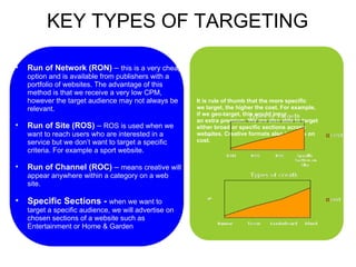 KEY TYPES OF TARGETING

•   Run of Network (RON) – this is a very cheap
    option and is available from publishers with a
    portfolio of websites. The advantage of this
    method is that we receive a very low CPM,
    however the target audience may not always be      It is rule of thumb that the more specific
    relevant.                                          we target, the higher the cost. For example,
                                                       if we geo-target, this would incur
                                                       an extra premium. We are also able to target
•   Run of Site (ROS) – ROS is used when we            either broad or specific sections across
    want to reach users who are interested in a        websites. Creative formats also impacts on
    service but we don’t want to target a specific     cost.
    criteria. For example a sport website.

•   Run of Channel (ROC) – means creative will
    appear anywhere within a category on a web
    site.

•   Specific Sections - when we want to
    target a specific audience, we will advertise on
    chosen sections of a website such as
    Entertainment or Home & Garden
 