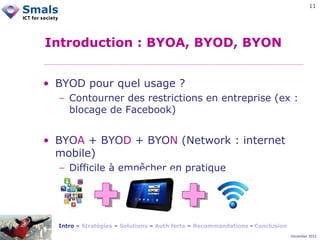 11

Introduction : BYOA, BYOD, BYON
• BYOD pour quel usage ?
− Contourner des restrictions en entreprise (ex :
blocage de Facebook)

• BYOA + BYOD + BYON (Network : internet
mobile)
− Difficile à empêcher en pratique

Intro – Stratégies – Solutions – Auth forte – Recommandations - Conclusion
December 2012

 