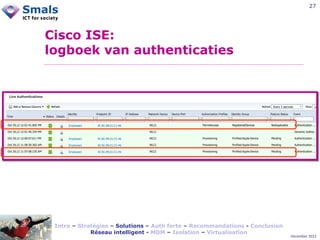 27

Cisco ISE:
logboek van authenticaties

Intro – Stratégies – Solutions – Auth forte – Recommandations - Conclusion
Réseau intelligent - MDM – Isolation – Virtualisation

December 2012

 
