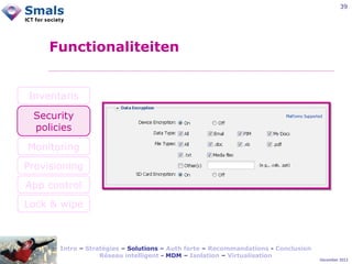 39

Functionaliteiten

Inventaris
Security
policies
Monitoring
Provisioning
App control
Lock & wipe

Intro – Stratégies – Solutions – Auth forte – Recommandations - Conclusion
Réseau intelligent - MDM – Isolation – Virtualisation

December 2012

 