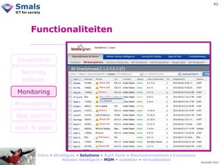 42

Functionaliteiten

Inventaris
Security
policies
Monitoring
Provisioning
App control
Lock & wipe

Intro – Stratégies – Solutions – Auth forte – Recommandations - Conclusion
Réseau intelligent - MDM – Isolation – Virtualisation

December 2012

 