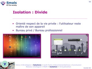 55

Isolation : Divide
• Orienté respect de la vie privée : l’utilisateur reste
maître de son appareil
• Bureau privé / Bureau professionnel

Intro – Stratégies – Solutions – Auth forte – Recommandations - Conclusion
Réseau intelligent - MDM – Isolation – Virtualisation

December 2012

 